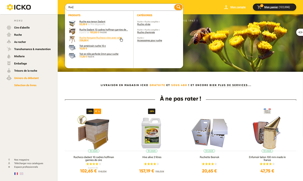 site web Icko, refonte totale Magento 2, exemple de moteur de recherche