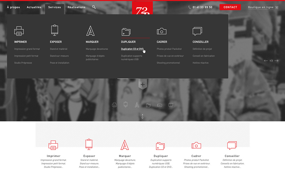 Client Site imprimerie, 72 78, identité online et offline, menu déroulé