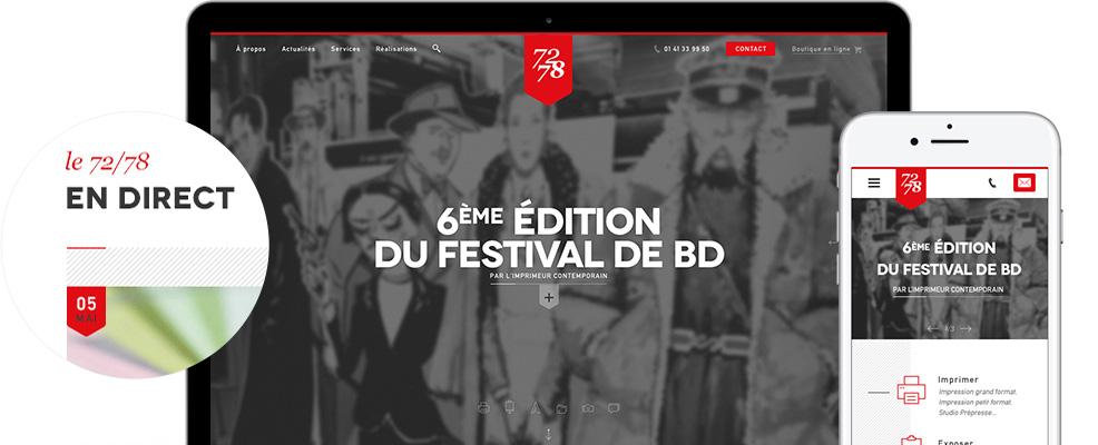 Client Site imprimerie, 72 78, identité online et offline, design responsive pour tout écran