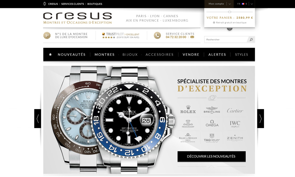 site e-commerce montres de luxe, Cresus, page d'accueil mockup