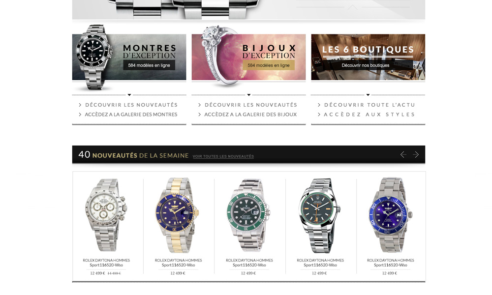 site e-commerce montres de luxe, cresus, bandeau nouveautés
