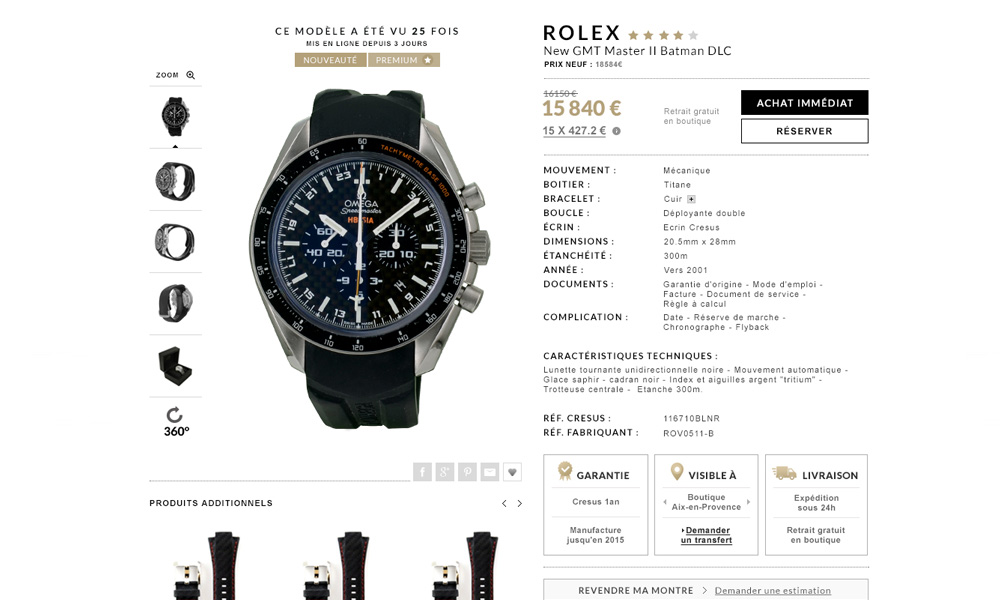 site e-commerce montres de luxe, cresus, exemple de page produit