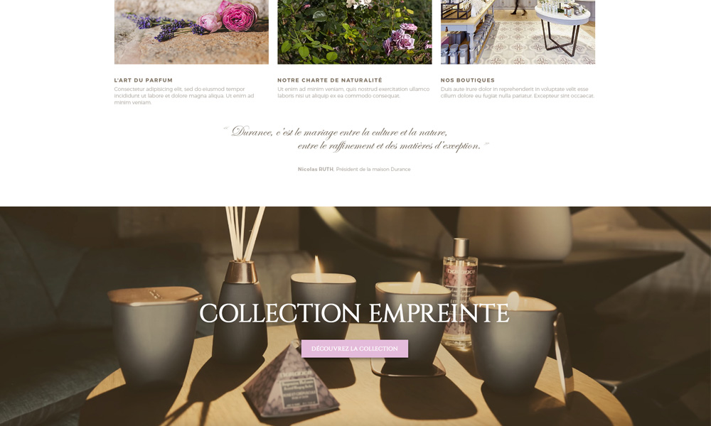 Site e_commerce de la marque Durance réalisé sour magento, encart collection