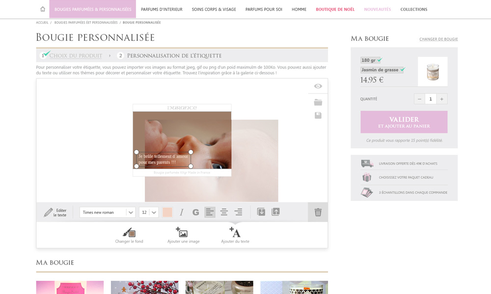 Site e_commerce de la marque Durance réalisé sour magento, personnalisation produit