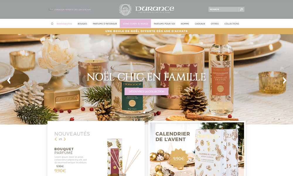 Site e_commerce de la marque Durance réalisé sour magento, maquette page accueil