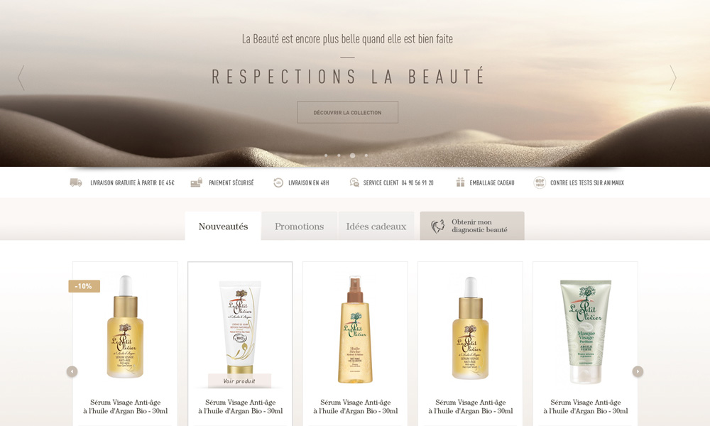 réalisation site de commerce en ligne Le Petit Olivier, magento, mockup page d'accueil