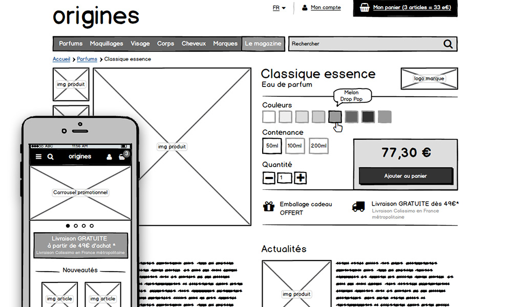 wireframe de store factory à magento 2 pour le client Origines