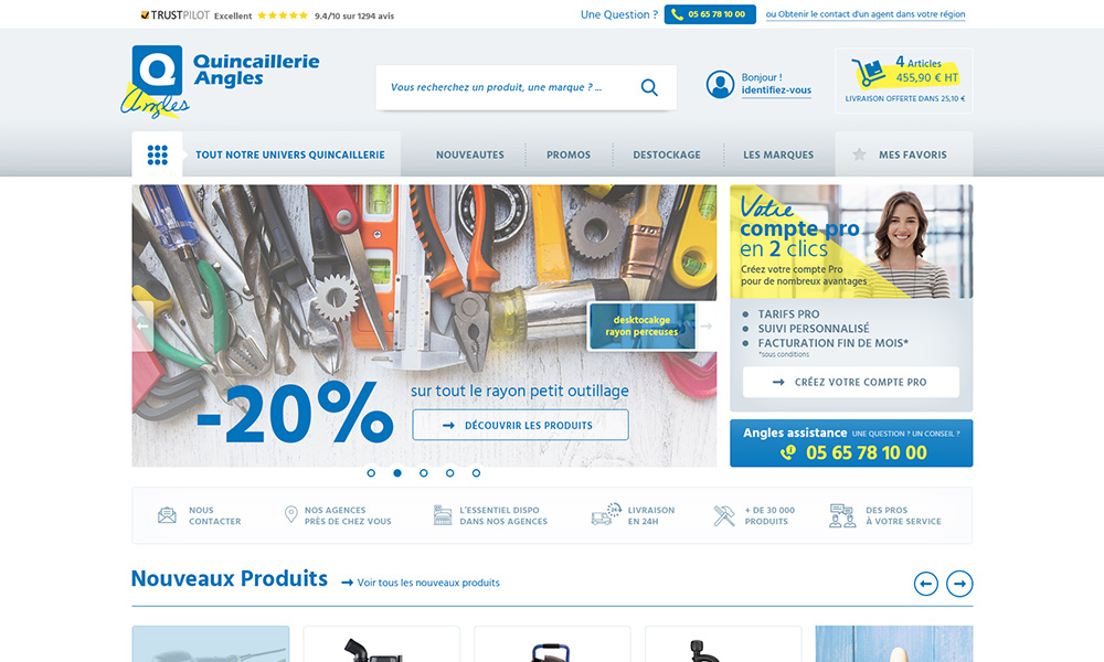 quincaillerie Angles, site internet e-commerce, refonte magento, mockup parge d'accueil