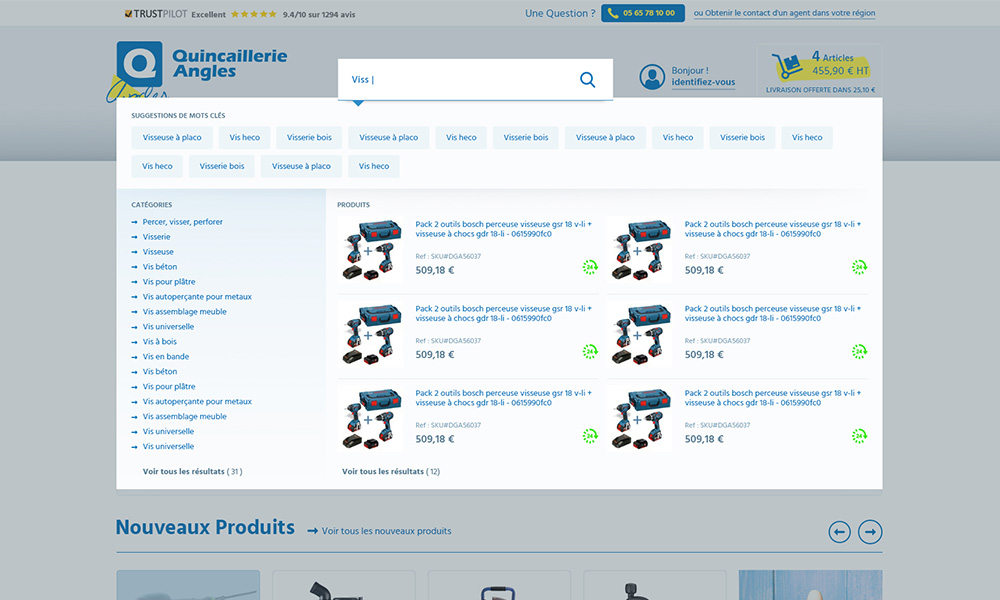 quincaillerie Angles, site internet ecommerce, refonte magento, liste produits