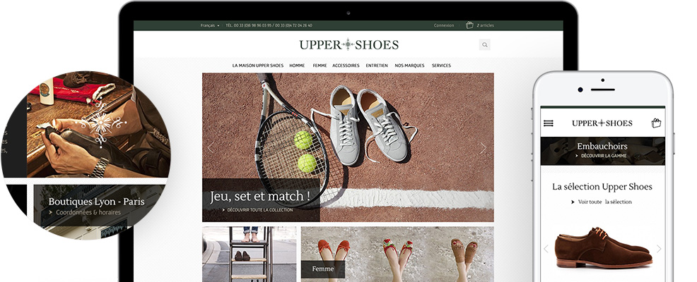 Site marchand Upper Shoes, mode haut de gamme, de prestashop à magento, mock up desktop et mobile