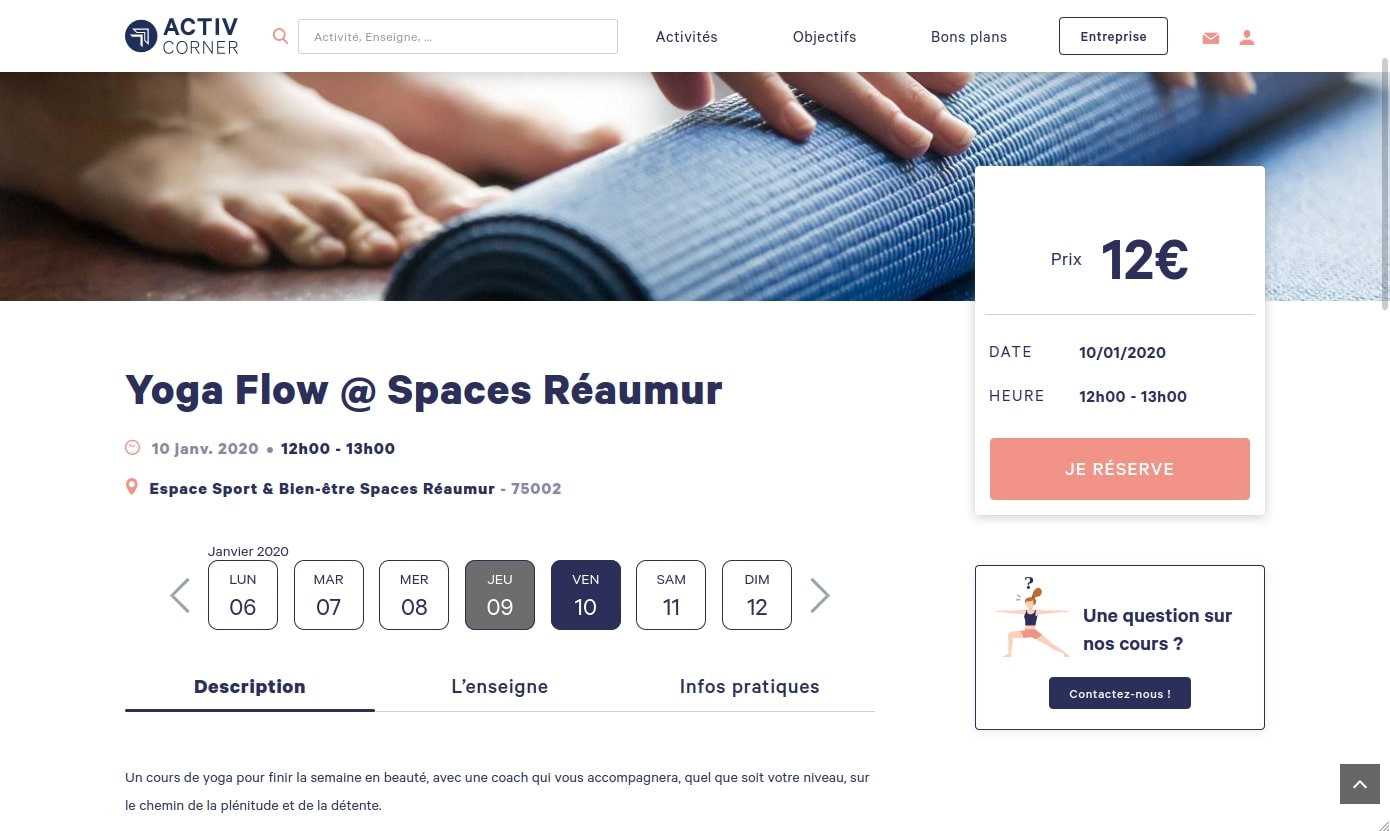 Marketplace activ corner fitness, module de réservation