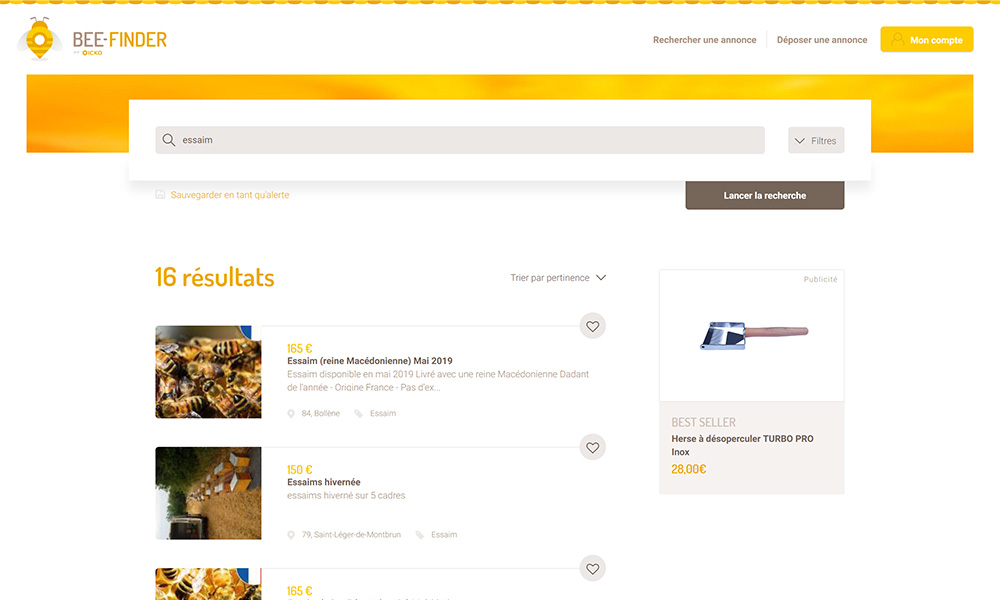 site web petites annonces bee-finder, symfony, résultat de recherche