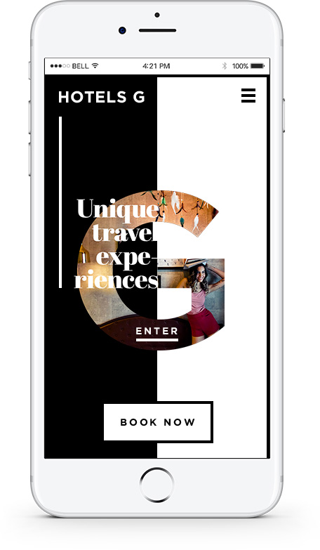 Hotels G mobile homepage with the Unique travel experiences concept