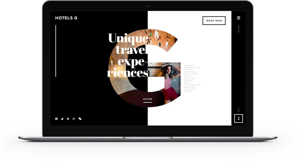 Hotels G immersive homepage concept on a laptop