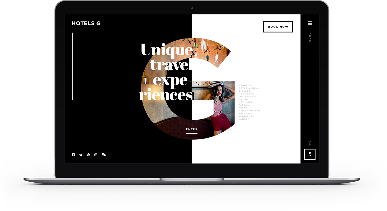 Hotels G immersive homepage concept on a laptop
