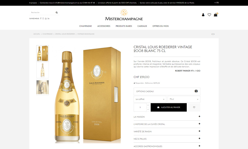 Maquette page accueil misterchampagne, site de vente en ligne