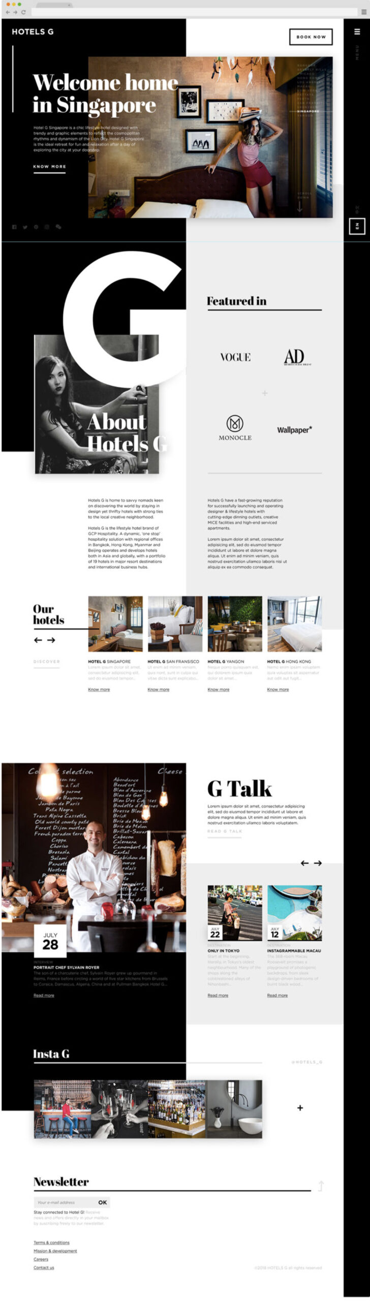 Full-page layout of the Hotels G homepage design