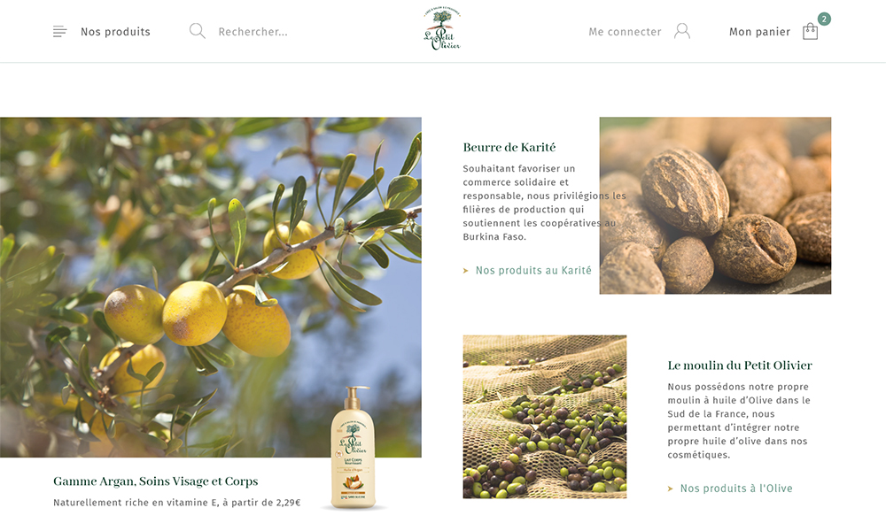 Site web e_commerce Le Petit olivier - page de contenu