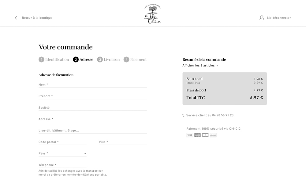 Zoning Checkout du site e-commerce Le Petit Olivier