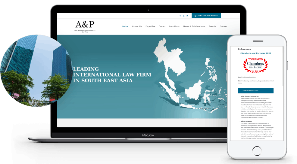 A&P law firm website on laptop and mobile: leading international law firm in South East Asia