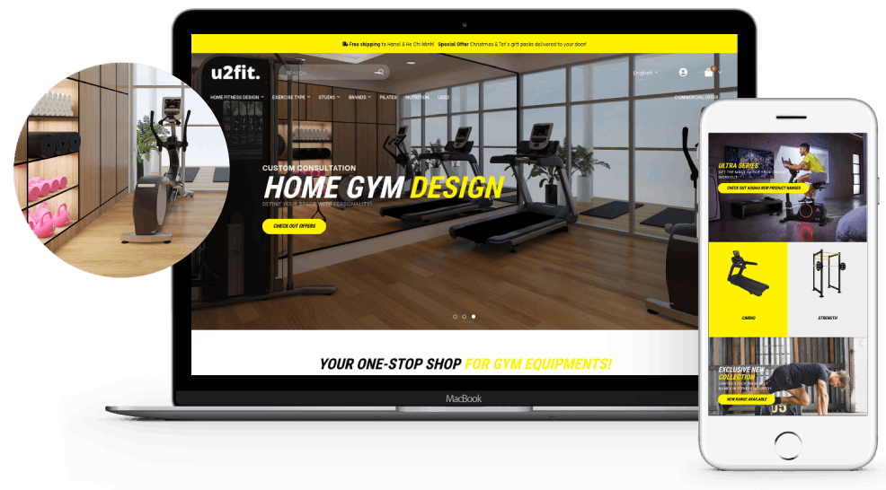 Website U2FIT trên máy tính và điện thoại: thiết kế phòng gym tại nhà và cửa hàng thiết bị