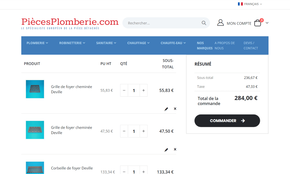 capture d'écran du panier pour le client pièces plomberie