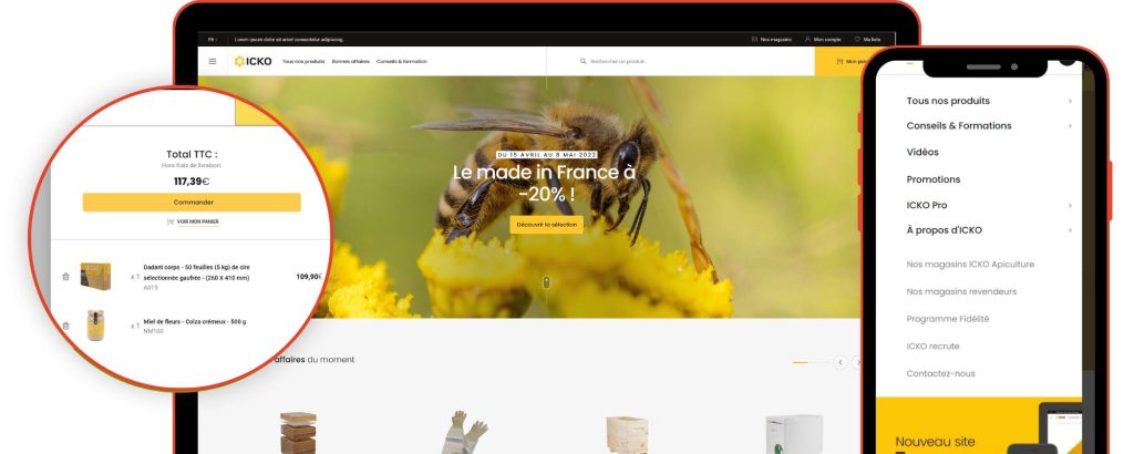 Page d'accueil et menu mobile Icko Apiculture sur ordinateur et smartphone