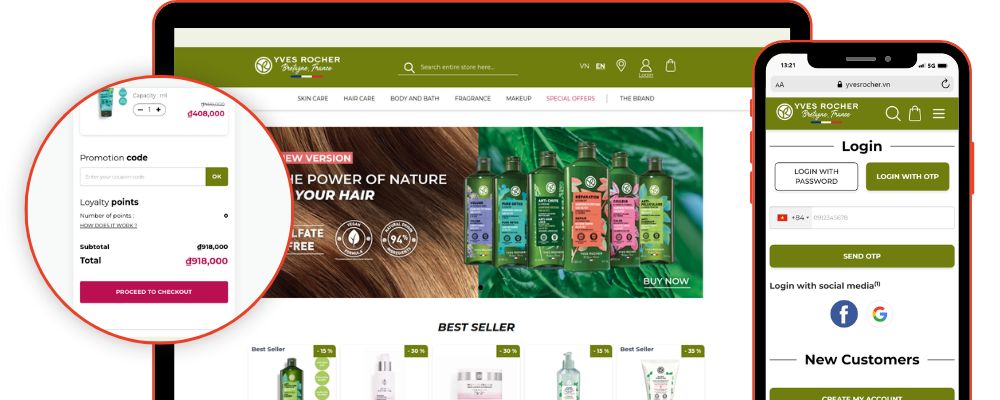 Website Yves Rocher Việt Nam trên máy tính bảng và điện thoại, phóng to giỏ hàng và đăng nhập