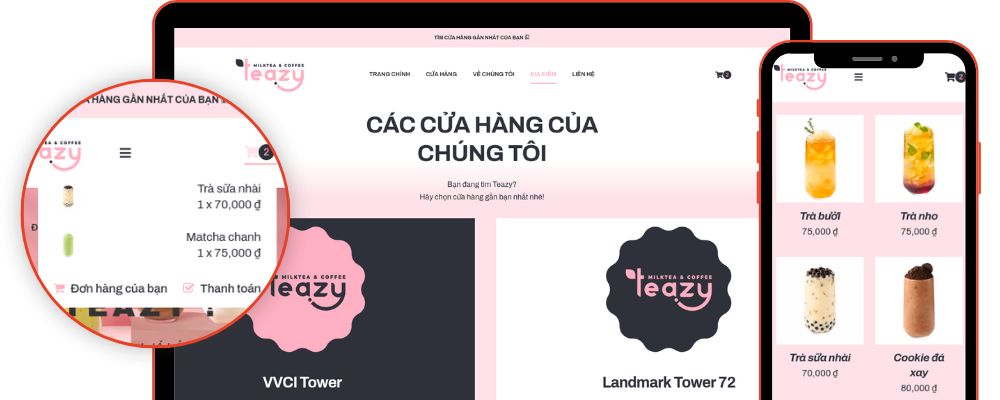 Website WooCommerce Teazy tiếng Việt: hệ thống cửa hàng và giỏ hàng di động