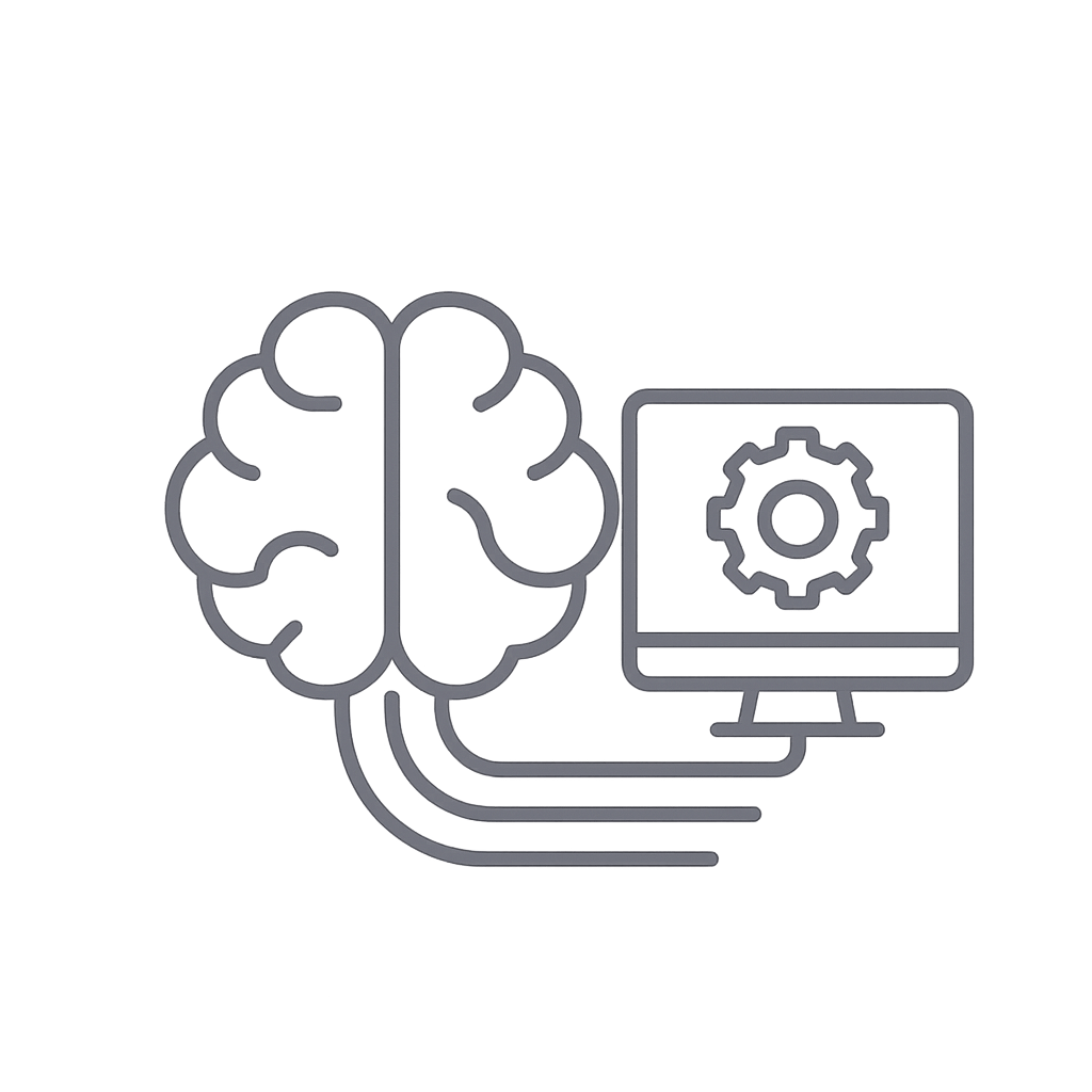 Icon of a brain connected to a computer with a gear, symbol of AI integration in Magento