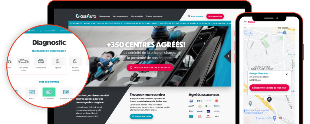 Site GlassAuto sur ordinateur et mobile avec outil de diagnostic et carte des centres