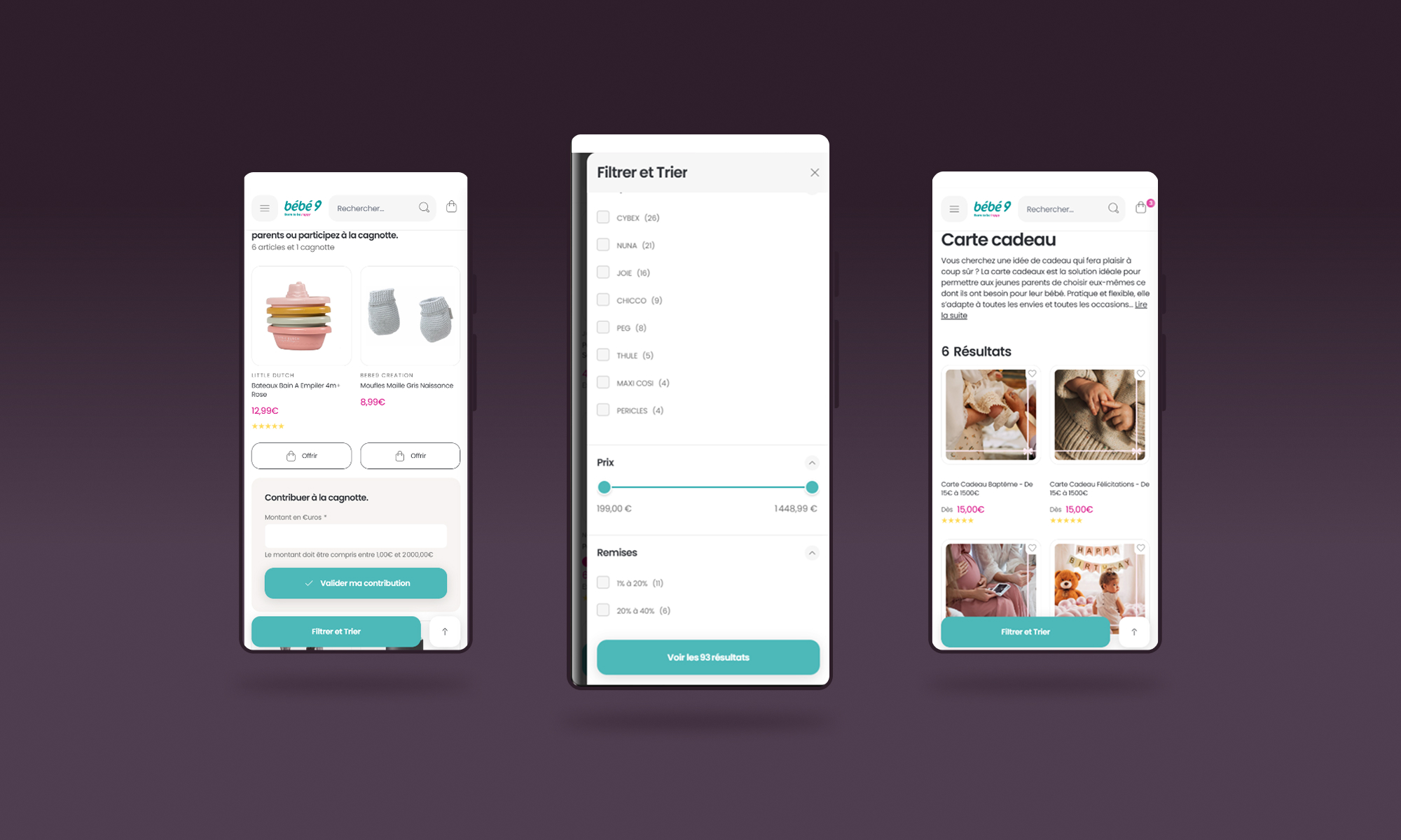 Hyvä mobile storefront built by Sutunam for the Bébé9 Magento 2 migration
