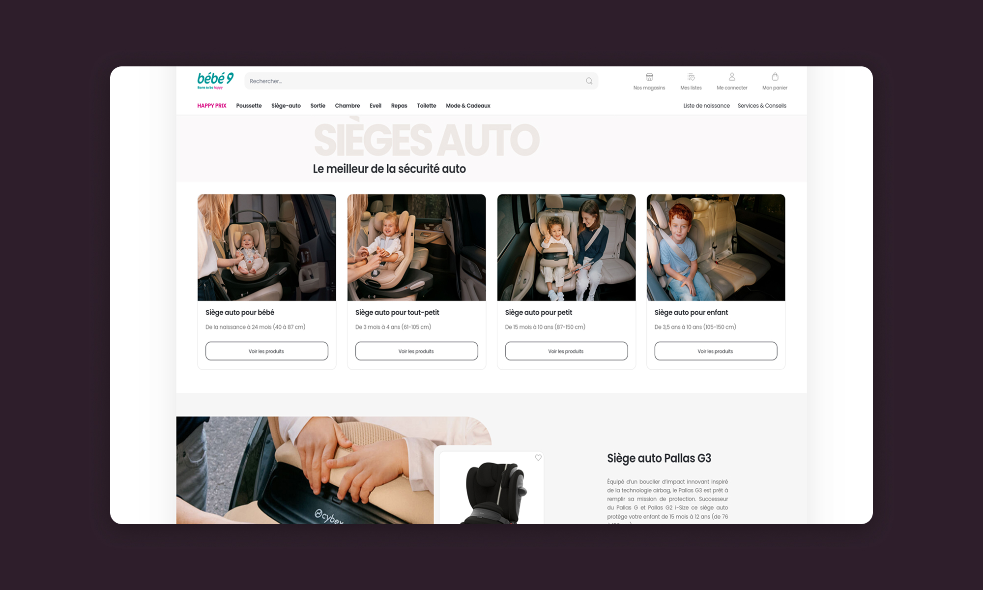 Custom brand page built on Magento 2 with Hyvä by Sutunam for Bébé9