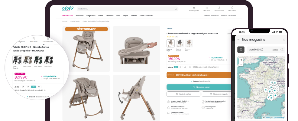 Bébé9 storefront on Magento 2 with Hyvä, shown on desktop and mobile