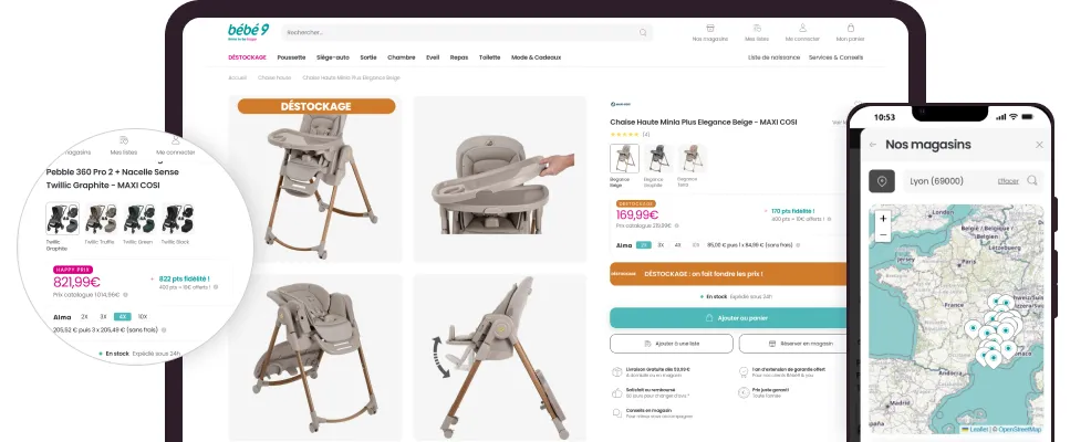 Fiche produit Bébé9 sous Magento 2 et Hyvä, avec paiement fractionné Alma et localisateur de magasins mobile