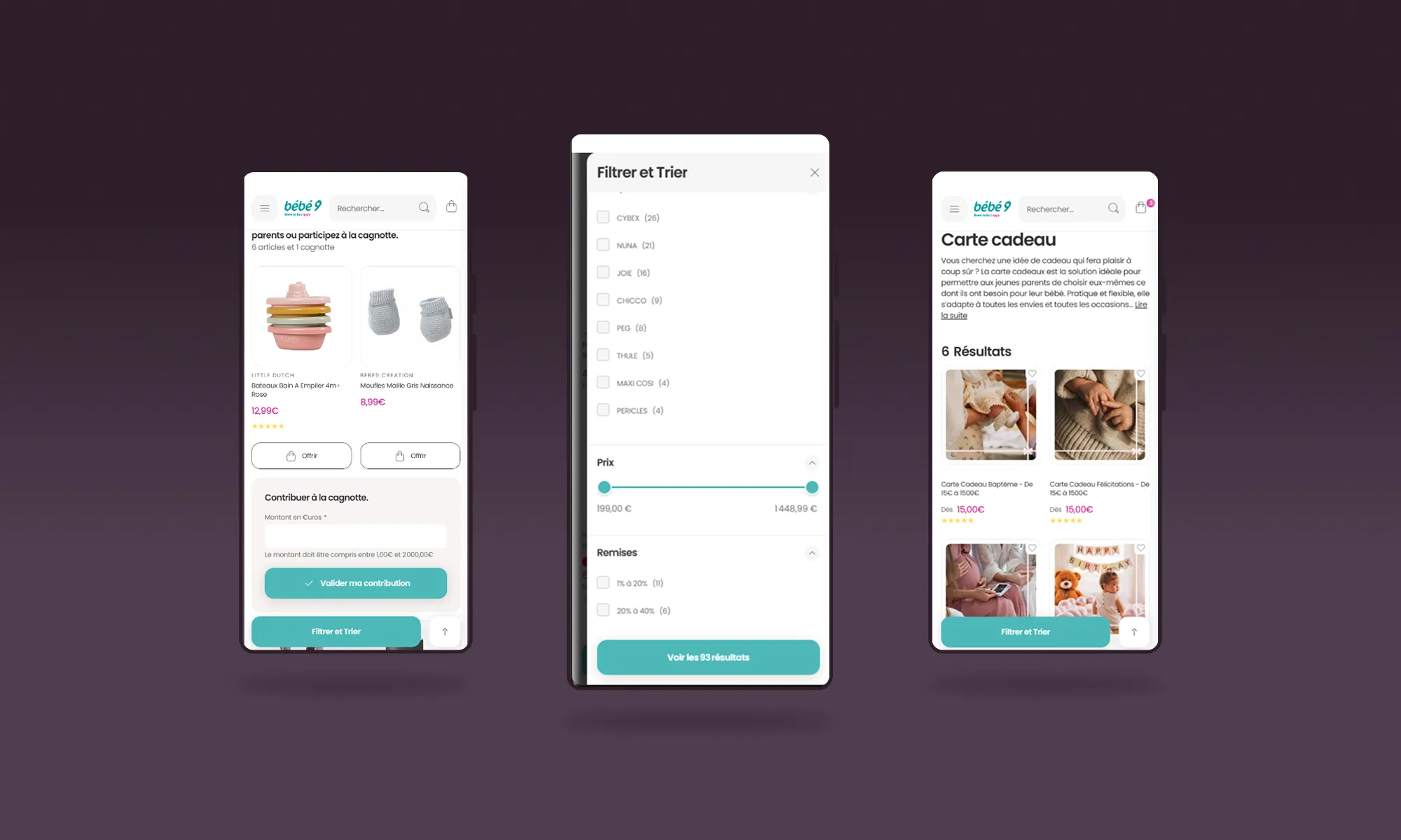 Écrans mobiles Hyvä de Bébé9 : participation à une liste de naissance, filtres produits et cartes cadeaux
