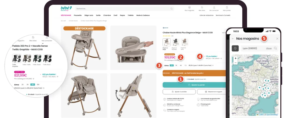 Fiche produit Bébé9 sous Magento 2 et Hyvä, avec paiement fractionné Alma et localisateur de magasins mobile