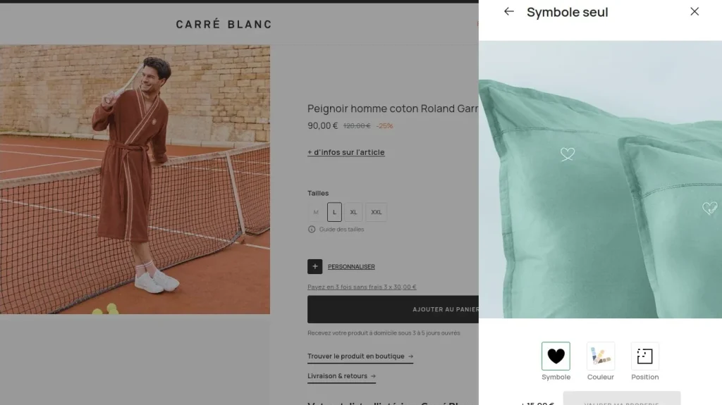 Carré Blanc embroidery customisation: choice of symbol, colour and position on a pillowcase