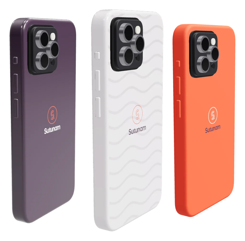 Three iPhone cases customised in 3D with the Sutunam logo: purple, white with a wave pattern, matte orange