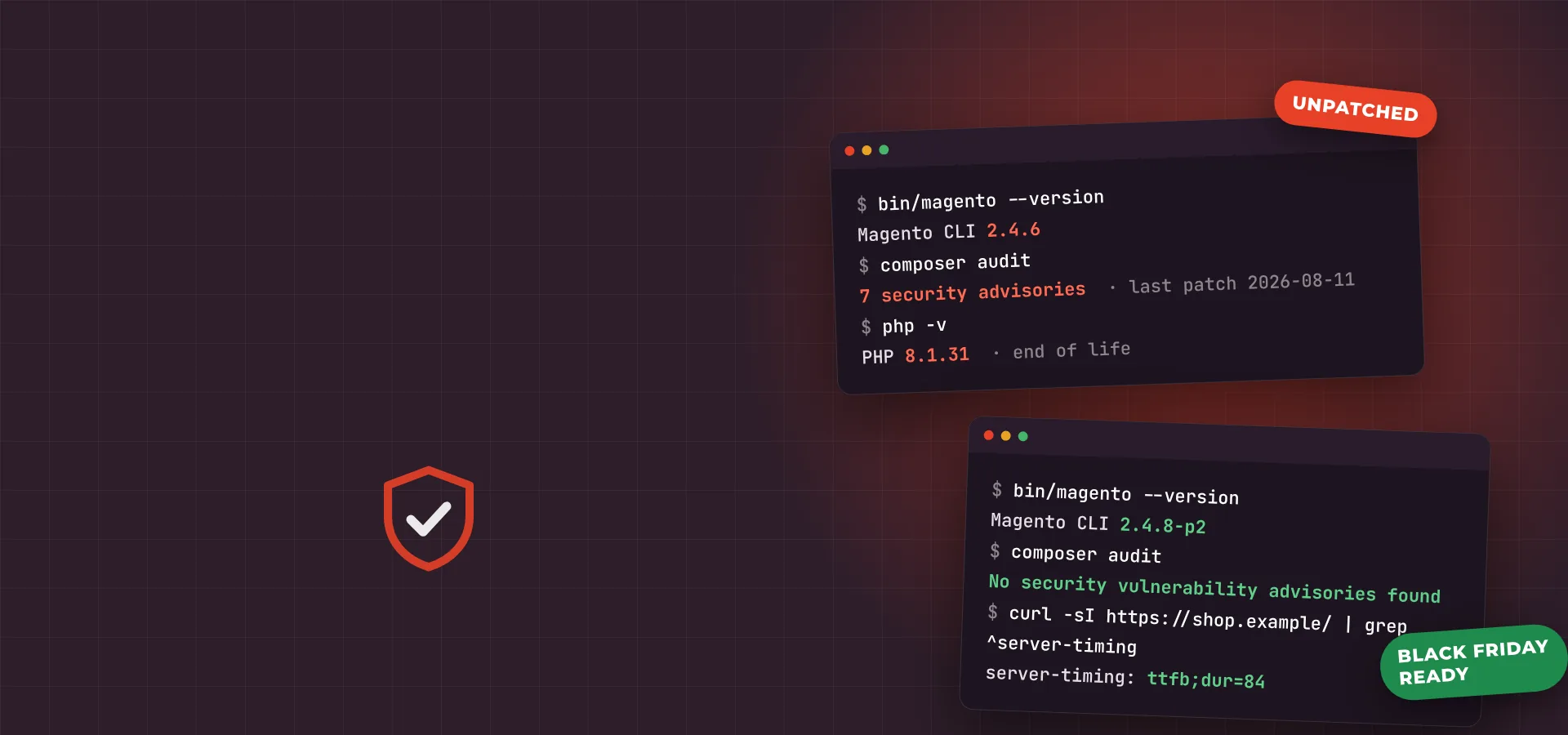 Terminal Magento : version 2.4.6 non corrigée face à une 2.4.8 à jour, prête pour le Black Friday