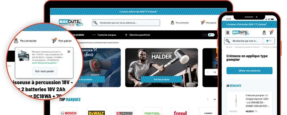 Page d’accueil MaxOutil avec zoom sur la fenêtre d’ajout au panier, sur ordinateur et mobile
