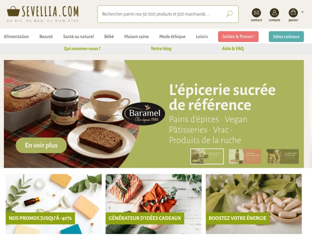 Trang chủ Sevellia.com: ô tìm kiếm sản phẩm và nhà bán hàng, menu danh mục và banner thực phẩm hữu cơ