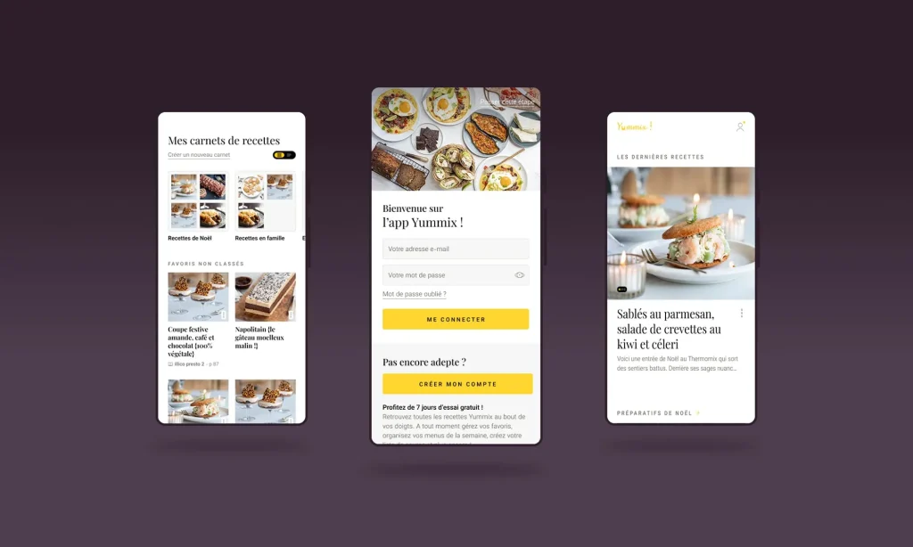 Interface de l’application Yummix : carnets de recettes, écran de connexion et fiche recette