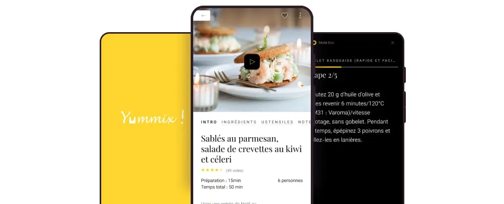 Écrans de l’application mobile Yummix conçus par Sutunam : écran d’accueil, fiche recette et étapes de la recette